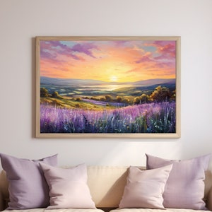 Rose-Gold Sunset Lavender Field Painting | Gentle Hues Nature Artwork | Calming Pastels Canvas Art | Peaceful Home Decor
