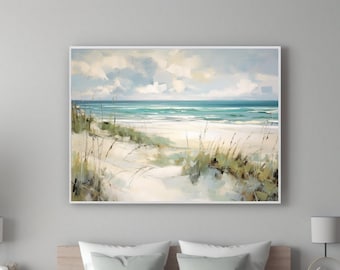 Vintage Seascape Painting | Tranquil Turquoise Waters and Sandy White Beach | Nautical Canvas Art for Coastal Themed Home Decor