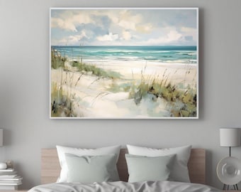 Tranquil Beach Art | Vintage Seascape Painting | Muted Turquoise and Naples Yellow Beach | Nautical Artwork for Coastal Themed Homes