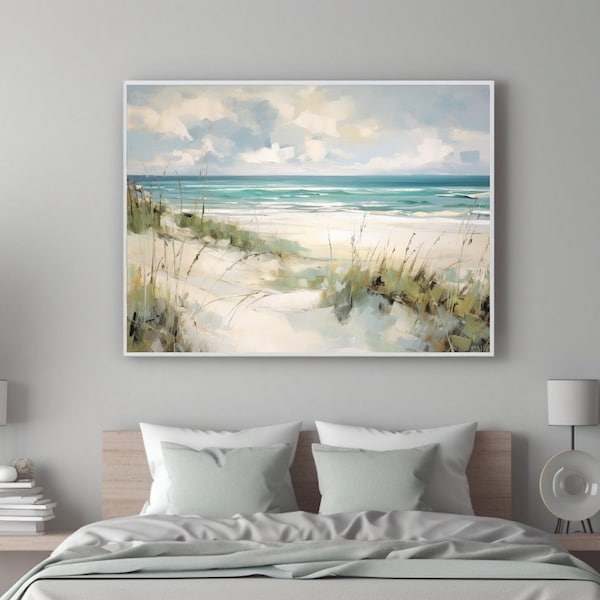 ヴィンテージ海景画：落ち着いたターコイズブルーのビーチ、沿岸航海アート（デジタルダウンロード）