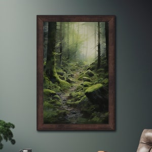 Mossy Forest Watercolor Painting Canvas Print | Dark Misty Forest Artwork | Peaceful Green Nature Art | Rustic Farmhouse Wall Decor