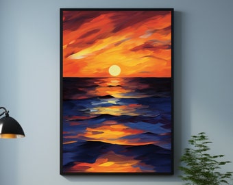 海の夕日を描いた額入りキャンバス：モダンな海岸沿いの壁アート