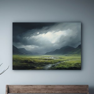 Celtic Highlands Canvas Wall Decor | Moody Mountain Landscape Painting Canvas Print | Nature Inspired Home Decor