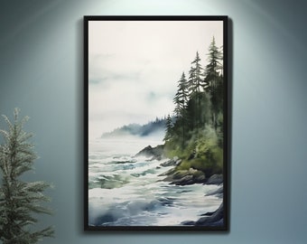 Pacific Mist Acuarela Costa Pintura Lienzo Arte / Arte del Noroeste del Pacífico / Ocean Mist Foggy Forest Artwork / Decoración costera contemporánea