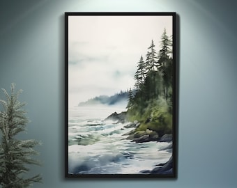 Pacific Mist Acuarela Costa Pintura Lienzo Arte / Arte del Noroeste del Pacífico / Ocean Mist Foggy Forest Artwork / Decoración costera contemporánea