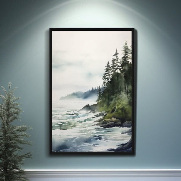 Pacific Mist Watercolor Coastline Painting Canvas Art | Pacific Northwest Art | Ocean Mist Foggy Forest Artwork | Coastal Contemporary Decor
