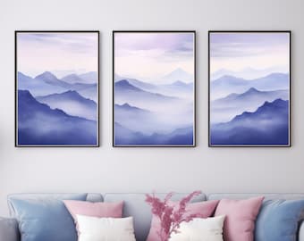 Tríptico de montaña para pared, azul y morado, juego de 3 piezas