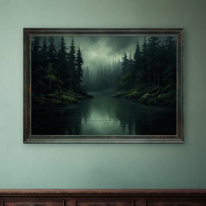 Hidden Lake Painting | Moss Green Dark Forest Artwork | Serene Landscape Canvas Wall Art | Rustic Lodge Contemporary Home Decor