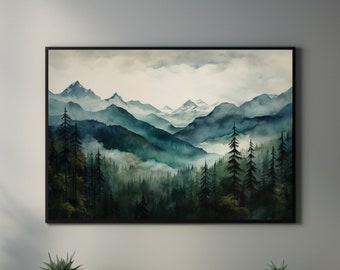 Misty Mountain Ink Watercolor Painting Original Artwork Serene Landscape Canvas Print Wall Art Mixed Media Art Nature Home Decor