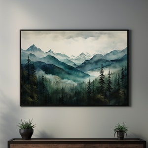 Misty Mountain Ink Watercolor Painting Original Artwork Serene Landscape Canvas Print Wall Art Mixed Media Art Nature Home Decor