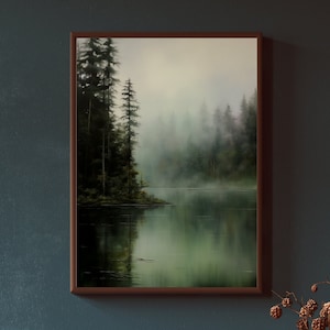 Misty Forest Reflection Landscape Painting: Original Canvas Artwork, Tranquil Forest, Soft Pastel Sky, Calm Lake, Earthy Tones, Wall Decor