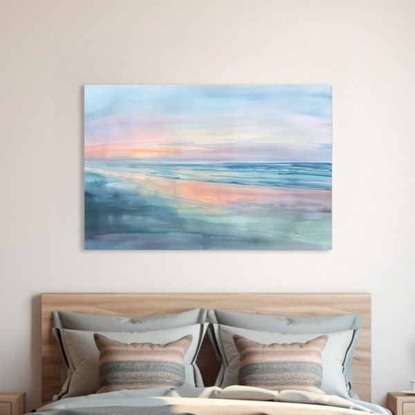 Pastel Beach Wall Art, Watercolor Ocean Decor, Peaceful Coastal Artwork Home Accent, Canvas Print Wall Art