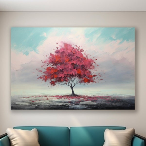 Maple Tree Painting Canvas Print Wall Art | Muted Teal, Cream & Wine Red Wall Accent | Contemporary Minimalist Home Decor