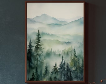 Watercolor Mountainscape Canvas Art: Pacific Northwest Foggy Forest