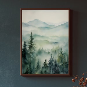 Weiches Aquarell Berglandschaft Gemälde Leinwand Kunst, pazifischer Nordwesten neblige Bäume Kunstwerk, ruhiger Dunst von Grün, Blau und Grautönen