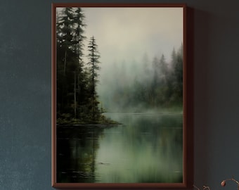 Misty Forest Lake Framed Canvas Art: Tranquil Landscape Print