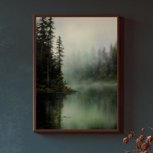 Misty Forest Lake Framed Canvas Art: Tranquil Landscape Print