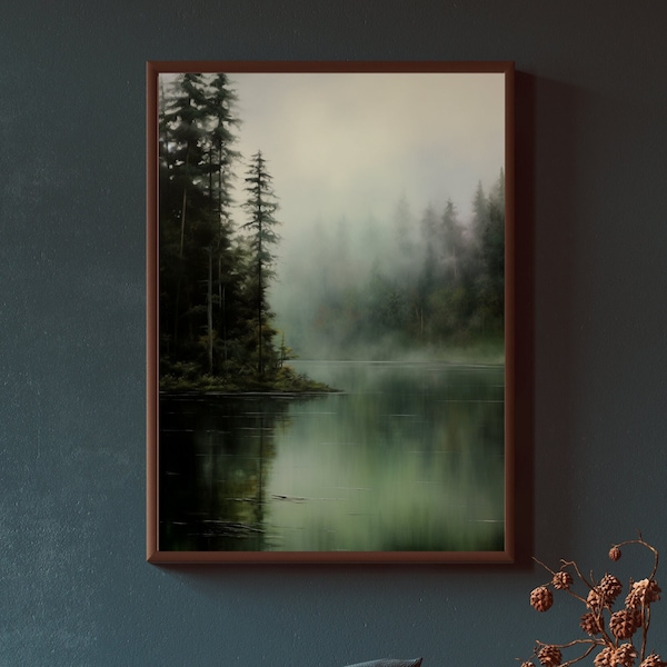 Misty Forest Reflection Art Printable: Serene Landscape Painting, Tranquil Forest, Soft Pastel Sky, Calm Lake, Earthy Tones, Wall Decor