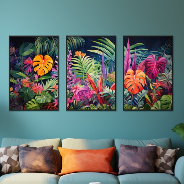 Tropical Boho Canvas Wall Art Set of 3 or 2 | Vibrant Orange & Teal Botanical Wall Art | Jungle Aesthetic Canvas Set for Chic Wall Art