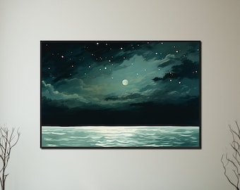 Canvasprint maanverlichte oceaan: sterrennacht zeegezicht, kustdecor