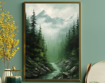 Pode incluir: Uma pintura emoldurada que representa uma cena de floresta nebulosa com um rio fluindo através dela. A pintura está em uma moldura dourada e está pendurada em uma parede verde. Há vários itens decorativos em uma prateleira de madeira abaixo da pintura, incluindo um vaso de flores amarelas, um vaso verde, um vaso dourado e um cavalo de cerâmica verde.