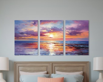 Sunset Ocean Triptych Wall Art, Large Coastal Decor 3 Piece Set