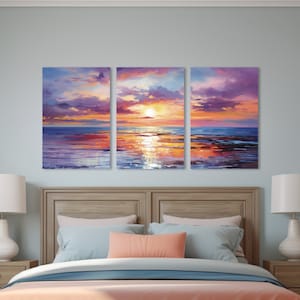 Sunset Ocean Canvas Triptych: Coastal Living Room Wall Art Set