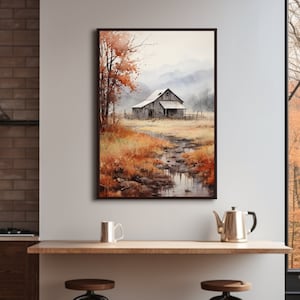 素朴な納屋の水彩画 額入りキャンバス：秋の山のアート