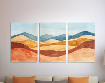 Tríptico con impresión en lienzo de montaña en acuarela: conjunto de arte mural de paisaje contemporáneo