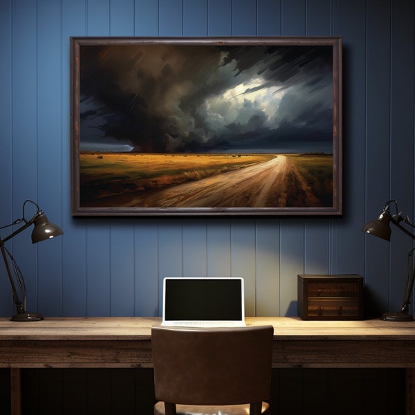 Peinture sur toile orage dramatique | Nuances d'indigo foncé, gris orage ciel intense | Art mural audacieux pour une décoration intérieure dynamique
