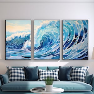 Tryptyk Ocean Wave: Zestaw ścienny na płótnie w stylu nadmorskim