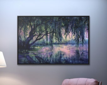 Canvasafdruk Mystic Willow Lake: landschapskunst Twilight Firefly