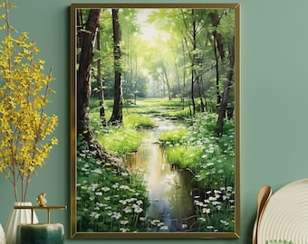 Sunlit Forest Glade Watercolor Painting: Peaceful Nature Scene, Lush Greens, Earthy Colors, Wildflowers, Canvas Print Wall Art Home Decor