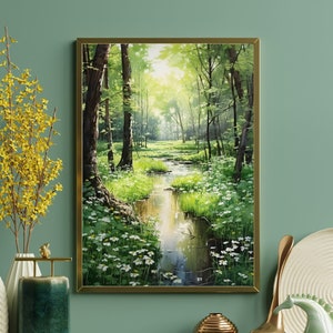 Pintura de acuarela de claro del bosque iluminado por el sol: escena de la naturaleza pacífica, verdes exuberantes, colores terrosos, flores silvestres, lienzo impreso arte de la pared decoración del hogar