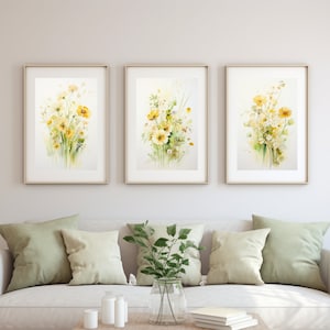 Wildflower Watercolor Prints: Vintage Yellow Green Floral Set (Digital Download)