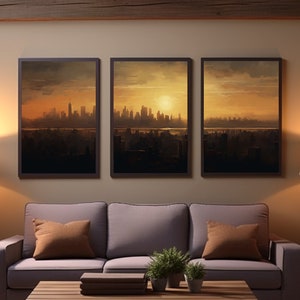 Sunset Cityscape Triptych Canvas Art: Urban Skyline Wall Decor