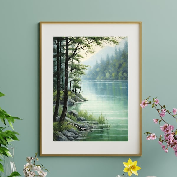 Summer Lake Art Print | Peaceful Water Landscape Artwork | Calm Water Reflection Printable Wall Art for Living Room Bedroom Decor