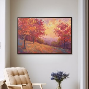 Autumn Maple Forest Canvas Art: Pastel Sunset Landscape Painting
