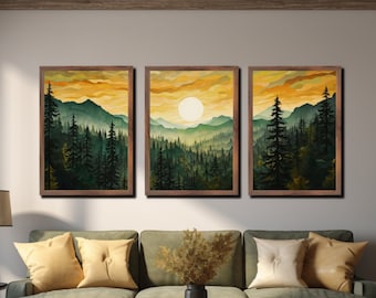 Mountain Glow Landscape Triptych Canvas Wall Art Set of 3, Emerald Green Forest Misty Mountain Wall Art, Large Canvas Wall Decor