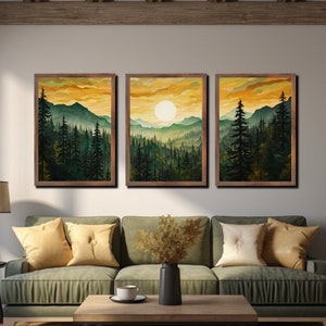 Mountain Glow Landscape Triptych Canvas Wall Art Set of 3, Emerald Green Forest Misty Mountain Wall Art, Large Canvas Wall Decor