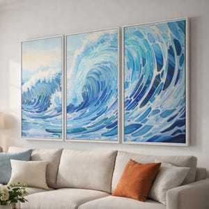 Ocean Wave Triptych Wall Art, Modern Coastal Set of 3
