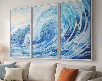 Ocean Wave Triptych Wall Art, Modern Coastal Set of 3