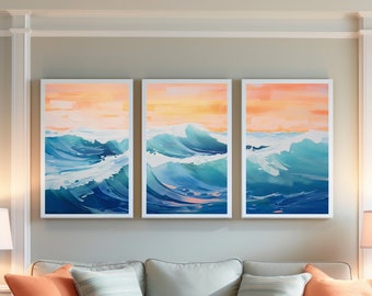 Ocean Wave Triptych Wall Art, Coastal Decor Set of 3
