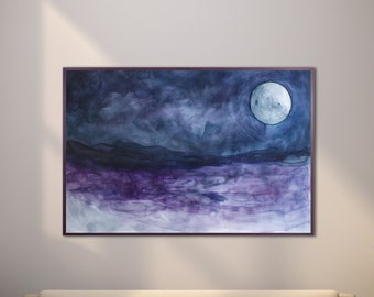 Abstract maanverlicht landschap: aquarel canvas muurkunstafdruk