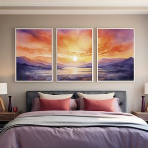 Sunset Watercolor Landscape Triptych: Abstract Canvas Wall Art Set