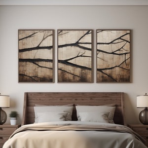 Textured Tree Wall Art Set of 3 Nature Inspired Canvas Prints Neutral Wall Art Contemporary Rustic Home Decor