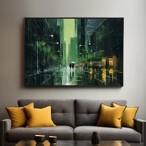 Reflective Night Cityscape Canvas Print Artwork | Moody Wall Art | Atmospheric Urban Street Art | Rainy Day Art | Modern Home Decor