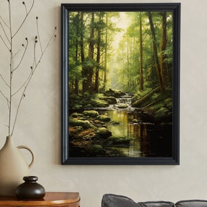 Tranquil Green Forest and Stream | Acrylic Painting Canvas Artwork for Nature Lovers | Dark Earthy Tones, Soft Sun Beams, Calming Home Decor