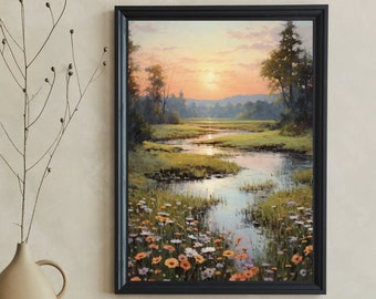 May include: A framed landscape painting depicting a river winding through a field of wildflowers. The sky is a vibrant orange and pink, suggesting a sunset. The painting is in a black frame and is hanging on a wall.