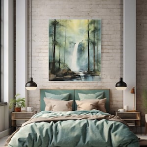 Watercolor Waterfall Art Print: Coastal Forest Scene (Digital Download)